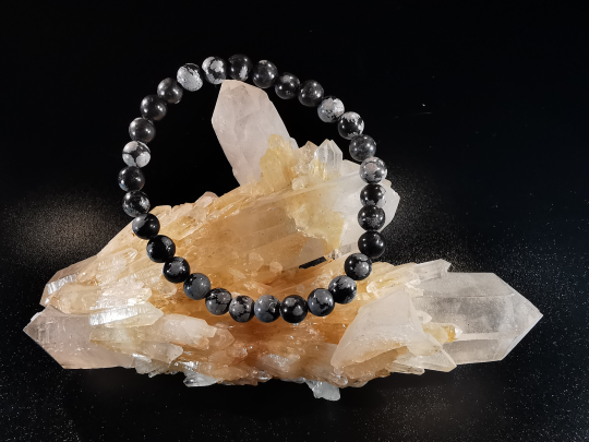 bracelet pierre naturelle 6 mm:  OBSIDIENNE FLOCON DE NEIGE