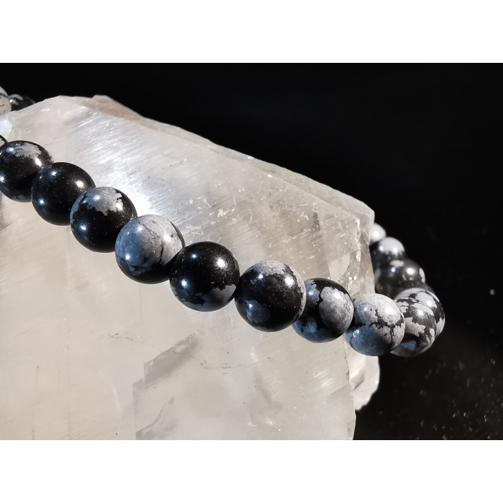 bracelet pierre naturelle 6 mm:  OBSIDIENNE FLOCON DE NEIGE