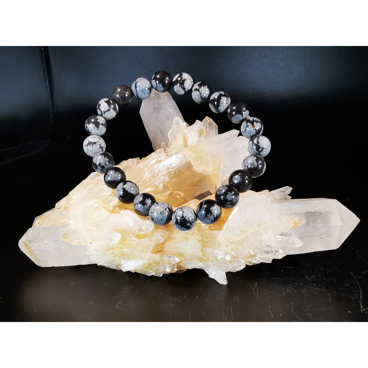 bracelet pierre naturelle 8 mm:  OBSIDIENNE FLOCON DE NEIGE